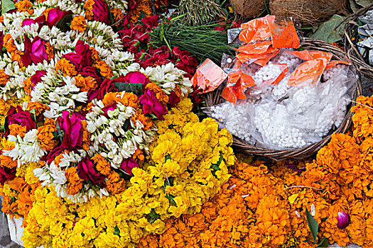 印度,北方邦,瓦拉纳西,品种,万寿菊,花,鸡蛋花,荷花,出售,街边市场