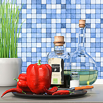 红辣椒,辣椒,香脂,醋,橄榄,油,瓶子,正面,砖瓦,地中海,氛围,插画
