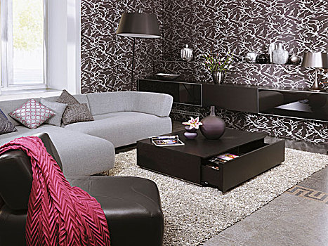 灰色,沙发,皮制扶手椅,黑咖啡,桌子,角,客厅,墙壁