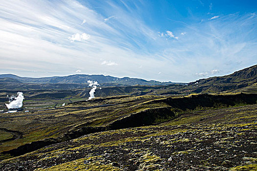 地热发电站,白烟,蓝天,云,条纹,苔藓,绿色,山,冰岛,欧洲