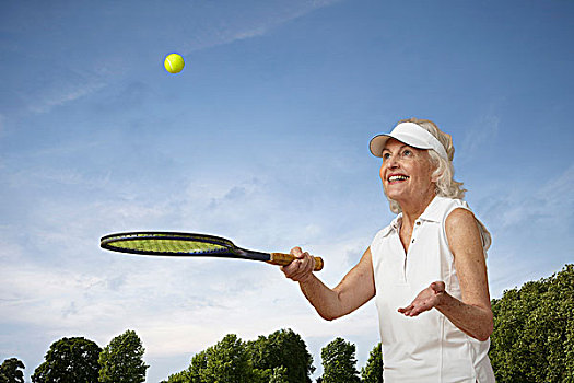老年,女人,弹起,网球