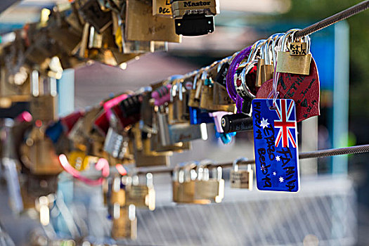 澳大利亚,维多利亚,墨尔本,喜爱,锁,联结,亚拉河,步行桥,早晨