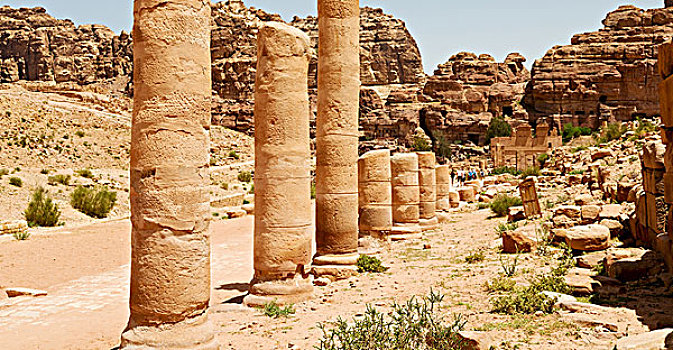佩特拉,约旦,老式,街道,满,柱子,建筑,文化遗产