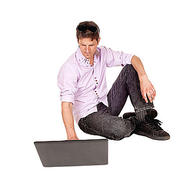 男人,工作,笔记本电脑,地面