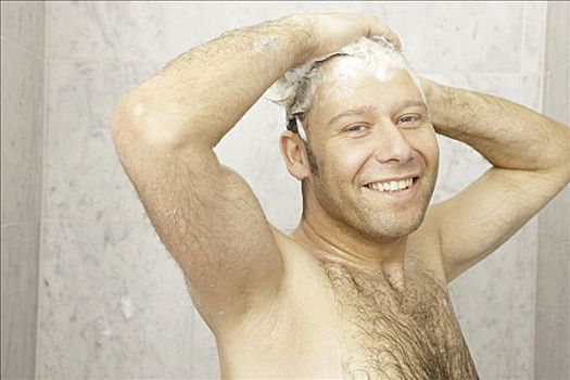 一个,男人,胸毛,淋浴