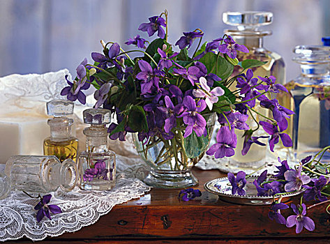 紫色,春之花束,玻璃花瓶,靠近,多样,玻璃,容器,木质,架子