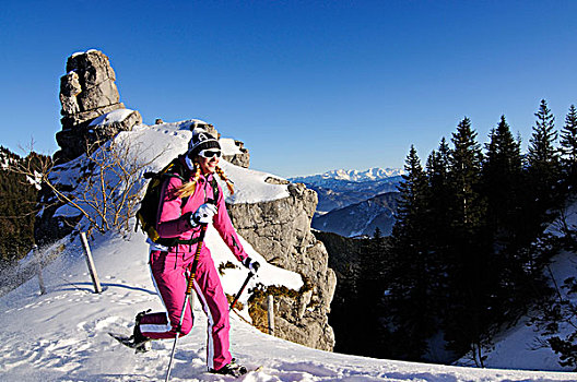 雪鞋,跑步者,女人,坎彭完特山,齐姆高,巴伐利亚,德国,欧洲