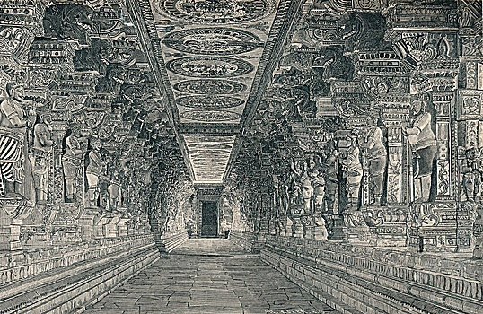 柱廊,室内,印度教,庙宇,岛屿,南印度,艺术家,未知