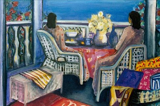 坐,女性,阳台,2004年,风信子,美国黑人,丙烯酸树脂,帆布