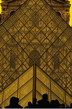 玻璃金字塔,剪影,卢浮宫,巴黎,法国