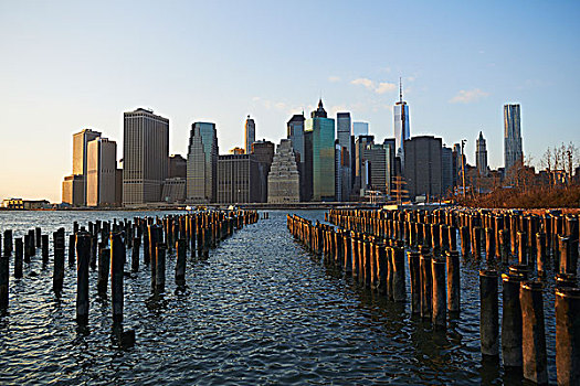 风景,金融区,曼哈顿,布鲁克林大桥,公园,日落,纽约,美国