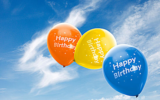 黄色,蓝色,橙色,气球,文字,生日快乐,蓝天