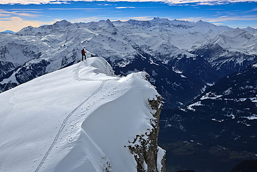 滑雪,积雪,山脊,后面,格拉鲁斯,阿尔卑斯山,群体,阿彭策尔,瑞士,欧洲