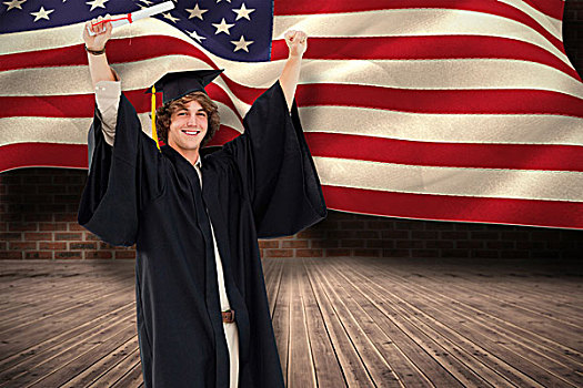 合成效果,图像,男性,学生,毕业,长袍,抬起,手臂,电脑合成,美国,国旗
