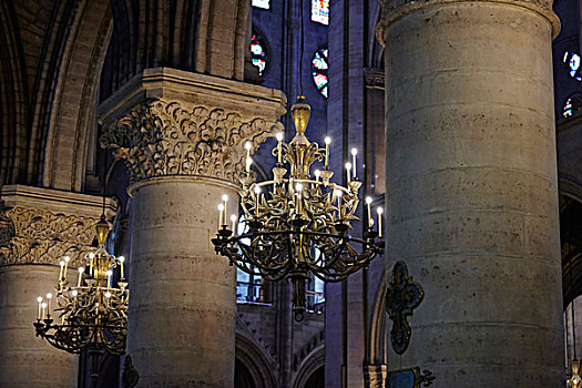吊灯,柱子,室内,圣母大教堂,巴黎,法国