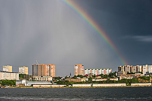 彩虹,上方,天际线,符拉迪沃斯托克,俄罗斯