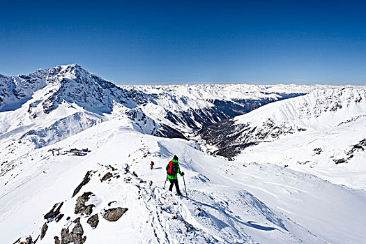 滑雪,下降,山,背影,冬天,南蒂罗尔,欧洲