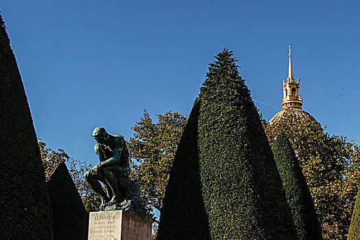 法国,巴黎,花园,罗丹博物馆,铜像,思想者,罗丹,金色,圆顶,背景