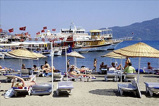 游客,遮阳伞,海滩,地中海,土耳其