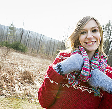 女人,戴着,编织,围巾,毛织品,连指手套,户外,冬天,白天