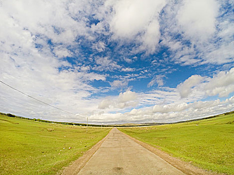 蓝天白云下一条延伸的路穿过草原