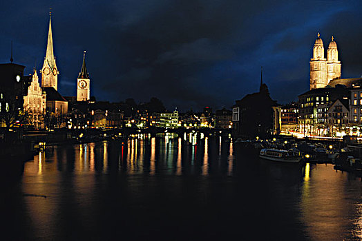 瑞士,苏黎世,冬天,城市,利马特河,风景,晚间,大幅,尺寸