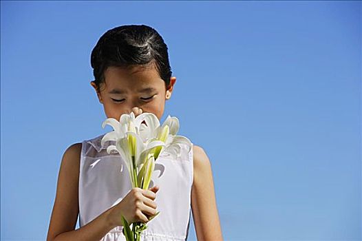 女孩,嗅,花束