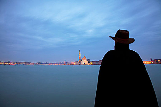 威尼斯,威尼托,意大利,男人,帽子,特色,威尼斯人,斗蓬,看,风景,运河,马焦雷湖