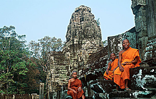 东南亚,柬埔寨,收获,吴哥窟,孩子,和尚,庙宇