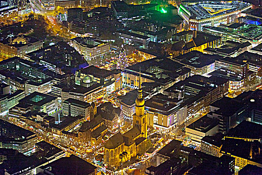 航拍,夜景,教堂,圣诞市场,城镇中心,多特蒙德,鲁尔区,北莱茵-威斯特伐利亚,德国,欧洲