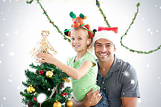 高兴,父亲,女儿,装饰,一起,圣诞树