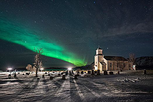 北极光,上方,墓地,教堂,罗弗敦群岛,挪威,欧洲