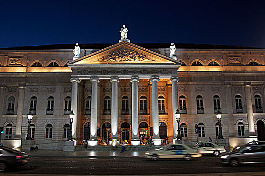 国家剧院,夜晚,罗西奥,区域,里斯本,葡萄牙,欧洲