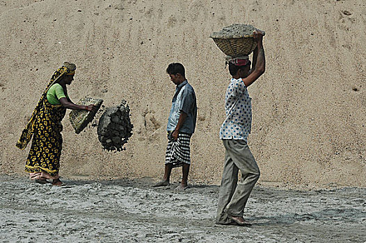 工人,沙子,达卡,孟加拉,九月,2005年