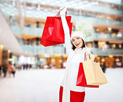 高兴,寒假,圣诞节,人,概念,微笑,少妇,白色,帽子,连指手套,红色,购物袋,上方,购物中心,背景