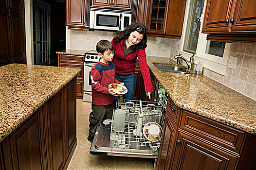 母亲,培训,儿子,填加,洗碗机