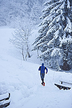 后视图,男性,跑步,跑,大雪,瑞士