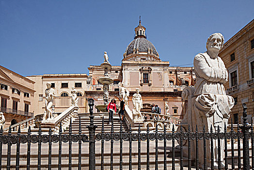 喷泉,广场,比勒陀利亚,教堂,巴勒莫,西西里,意大利,欧洲
