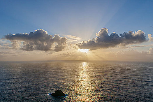 落日,后面,云,高处,海洋,昂斯特,设得兰群岛,苏格兰,英国,欧洲