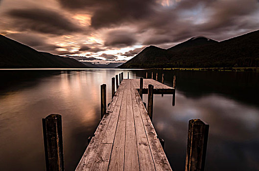 木板路,暗色,天气,湖,南岛,新西兰