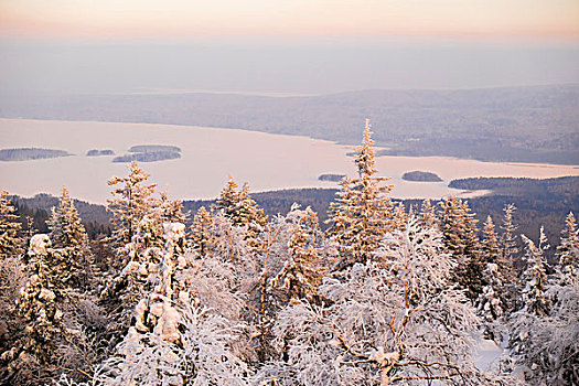 风景,积雪,球座,远景,湖,区域,俄罗斯