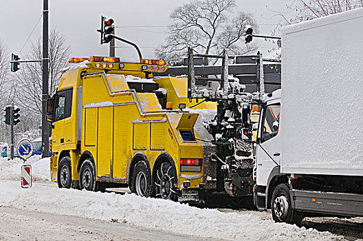 冬天,卡车,拖拉,大,雪,道路