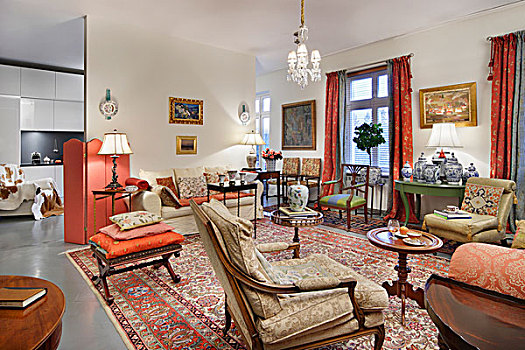 室内,老式,座椅,边桌,图案,东方,地毯,传统,家居装潢,布