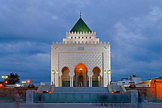 泛光灯照明,陵墓,国王,穆罕默德,蓝色,钟点,拉巴特,摩洛哥,非洲
