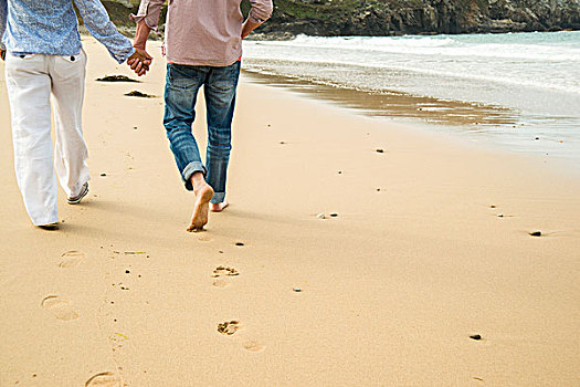 局部,夫妻,握手,漫步,海滩,布列塔尼半岛,法国