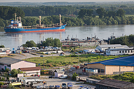 罗马尼亚,多瑙河,三角洲,俯视图,货船,黎明