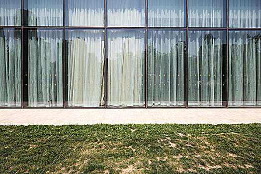 现代办公室,玻璃墙,草地