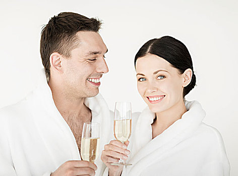 卫生保健,美丽,情侣,水疗,沙龙,白色,浴袍,香槟