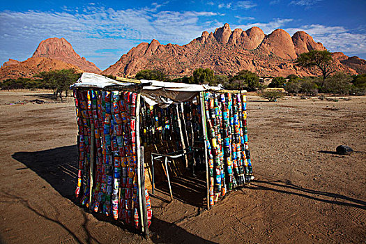 小屋,室外,循环利用,易拉罐,山,右边,纳米比亚,非洲