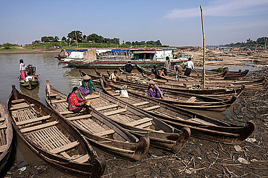 许多,木质,船,码头,河,伊洛瓦底江,曼德勒,分开,缅甸,亚洲